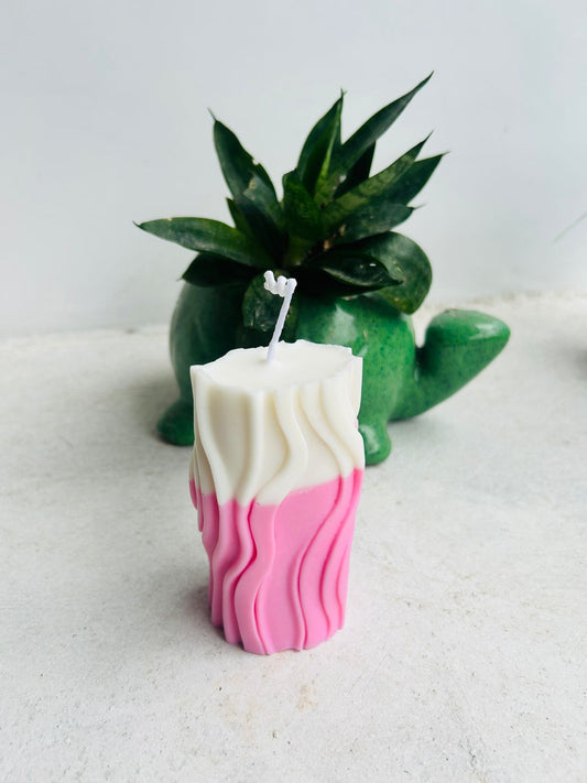 Designer Pillar Candle | Pink & White Wave Texture Wax Candle for Home Décor & Gifting