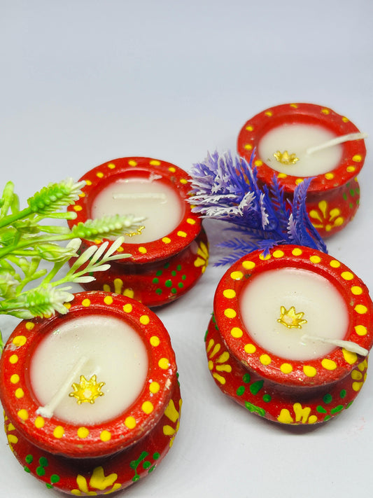 Handcrafted Decorative Diya Set of 4 | Diwali Tealight Candles for Home Decoration & Puja | Traditional Clay Diyas with Wax