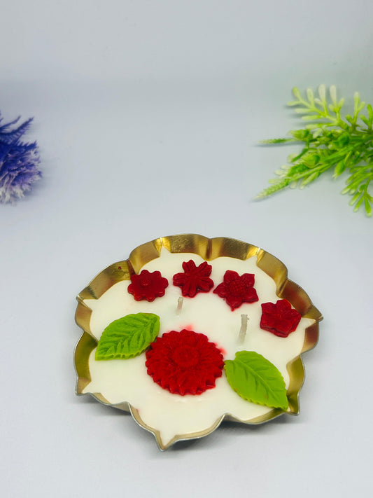 Floral Decorative Scented Wax Candle | Red Flower & Leaf Design | Premium Gift Candle for Home Décor